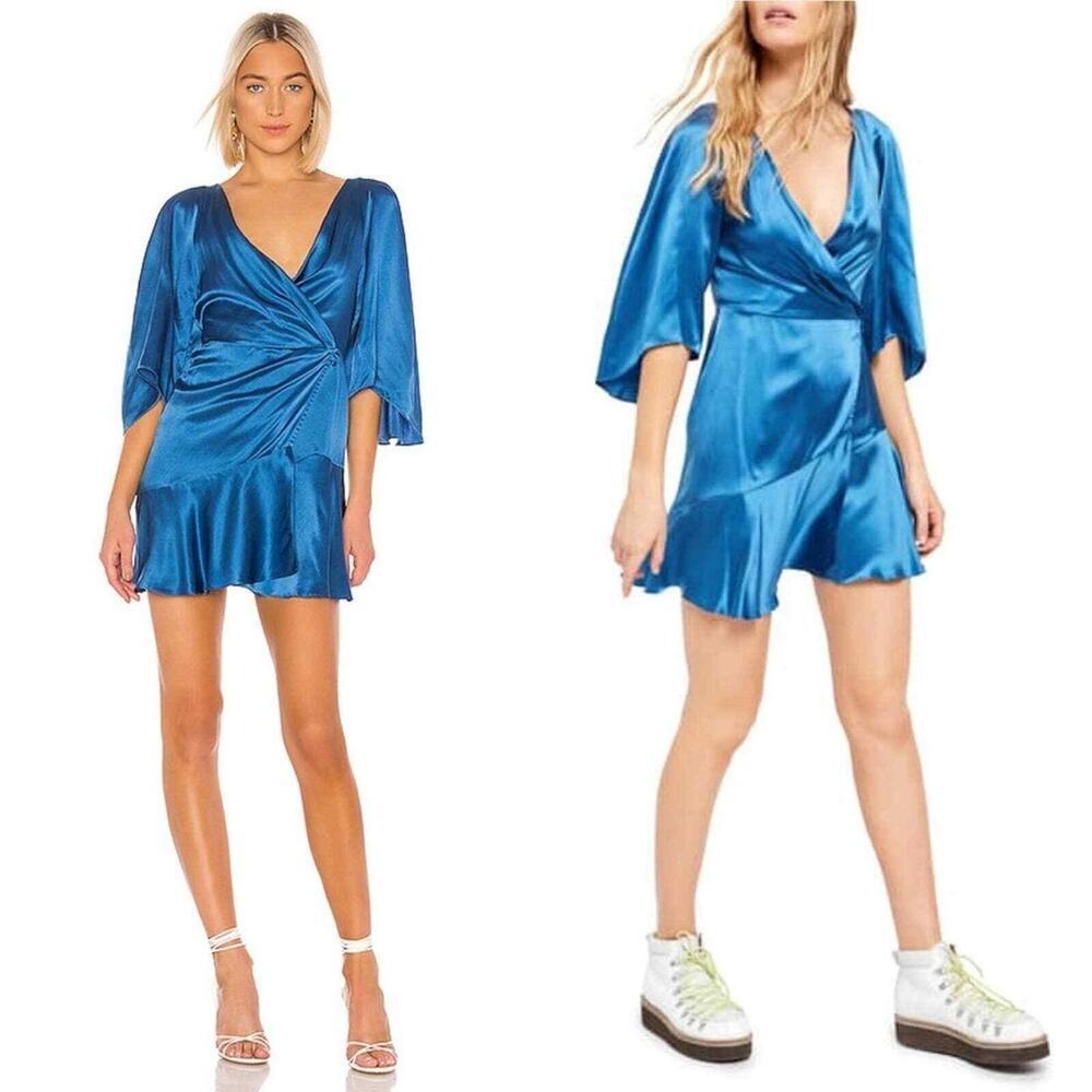 Women’s Free People Blue 100% Silk Strike A‎ Pose Faux Wrap Mini Dress Size 6